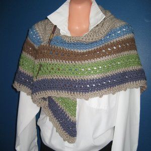 Hand Knit Triangle Shawl / Tan, Green, Blue & Brown - Large shoulder wrap - NEW